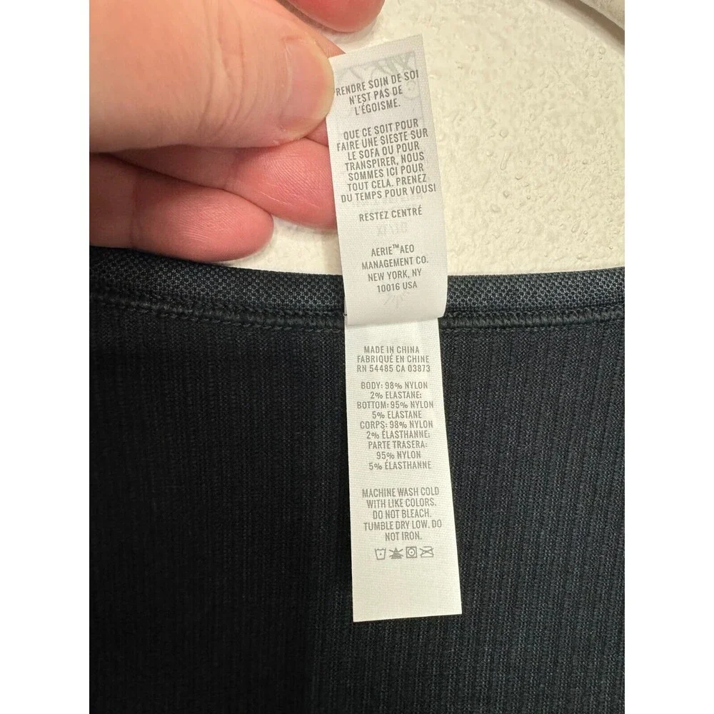 OFFLINE Aerie Seamless Cable Cropped Top XL Black Acid Wash Ribbed Square Neck